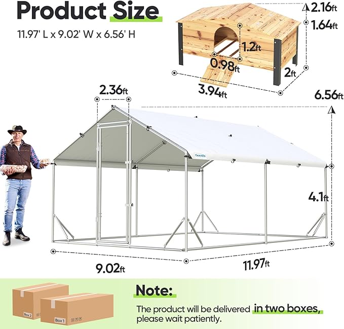 Quictent Advanced Series 12x9 ft Metal Chicken Coop Run with Wooden Nesting Box, Large Walk-in Outdoor Poultry Cage Heavy Duty Predator Proof Hen Duck Rabbit Farm Pen House, Waterproof Anti-UV Cover