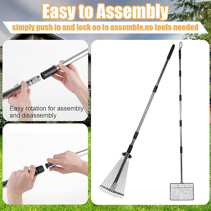 2PCS Chicken Poop Scooper & Rake Set – Adjustable Metal Cleaning Tools (Scooper 45–68", Rake 32–46.5") for Chicken Coop, Yard & Sand – Heavy Duty Stainless Steel Coop Accessories