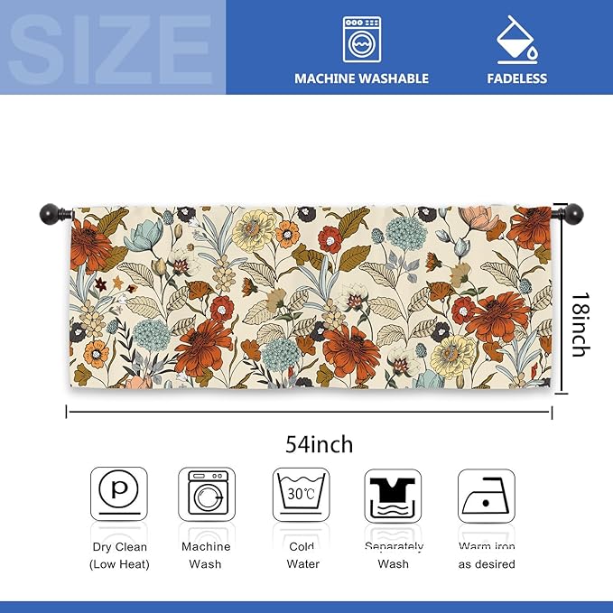 Flower Vintage Kitchen Curtain Valance 54W x 18L Inch Burnt Orange Blossom Botanical Plant Rod Pocket Short Cafe Small Window Treatment Drapes Decor