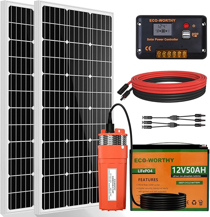 ECO-WORTHY Solar Water Well Pump Kit with 50Ah Lithium Battery, 12V Solar Water Pump + 200W Solar Panel Kit + 50Ah Lithium Battery for Well, Irrigation, Filling Water Tank
