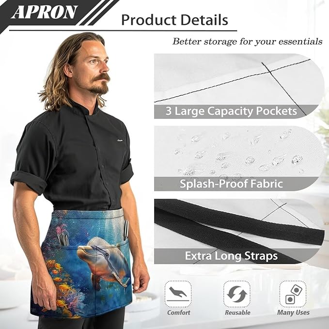 Waist Apron with 3 Pockets Waterproof 13 Inch Short Half Waist Aprons Women Men Server Aprons Waitress Waiter Apron