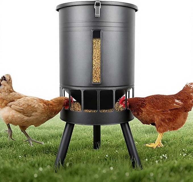 KOL 50LB Metal Chicken Feeder - No Waste, No Clog Design with 16 Ports & Smooth Gravity-Flow, Powder Coated Rust-Proof for Coop Use (Black)