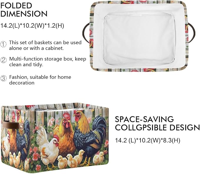 ALAZA Rooster Chicken Hen Garden Farm Foldable Storage Box Storage Basket Canvas Storage Bin with Handle Rectangular Decorative Fabric File Box for Shelf Closet, 2 Pack