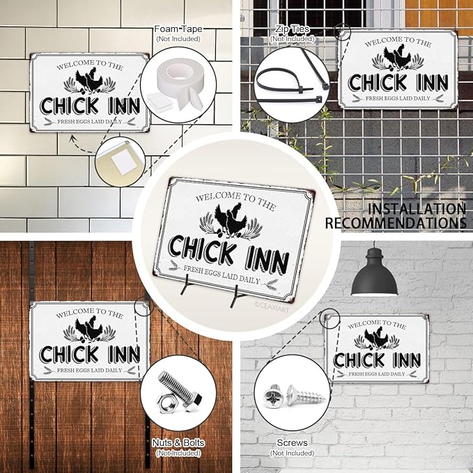 Welcome To The Chick Inn Tin Sign Chicken Coop Metal Signs Funny Hanging Plaque For Hen House Outdoor Rustic Decoration Vintage Accessories Garden Yard Fence Home Decor 12x8 Inch
