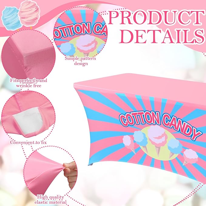 Oudain 6 ft Cotton Candy Stand Tablecloth Elastic Spandex Table Cover Cotton Candy Shop Pink Blue Banner Sign Table Cloth for Business Advertising Carnivals Party Outdoor Concession Stand