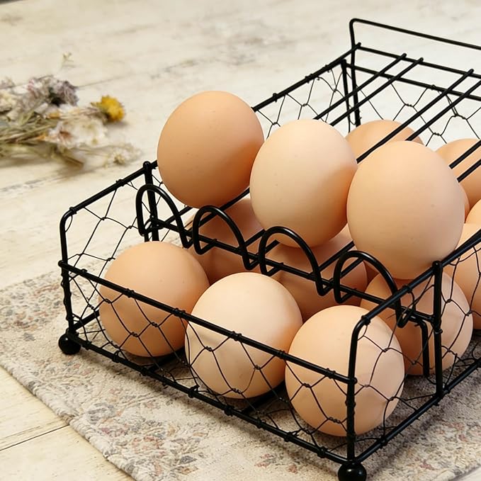 TAIANLE. Wire Egg Basket For Gathering Fresh Eggs with Rolling Tray 2 Tier, Farmhouse Metal Egg Holder Container Countertop, Rustic Display Tray