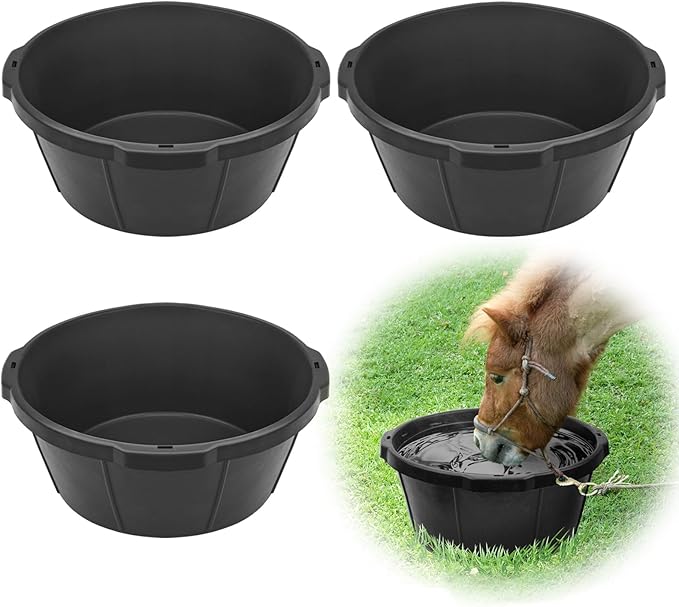 3Pcs Heavy Duty Rubber Feed Pan, 26 Quart/ 6.5 Gallon Rubber Tub Horse Feed Bucket, Durable Livestock Feeder Pan Dog Bowl Chicken Dust Bath Tub for Dogs Pig Goat Chicken Duck Farm Animal Feeding