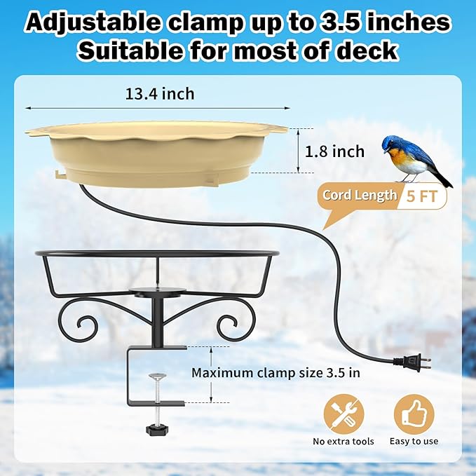 Heated Bird Bath for Deck Railing, Powerful 100W Thermostatically Controlled Heated Bird Baths for Outdoors for Winter, Heated Birdbath Water Heater for Outside Garden Yard Patio Lawn (Khaki)