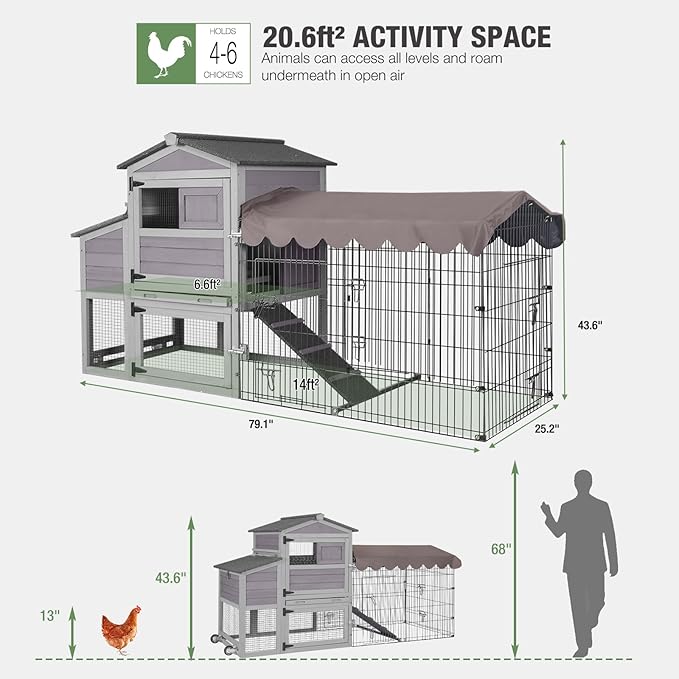 Mobile Chicken Coop with Run, Large Outdoor Wooden Poultry Cage Hen House with Wheels, Nesting Box, Pull-Out Tray, Waterproof Roof, Grey, 79.1" L x 25.2" W x 43.6" H, for 4-6 Chickens