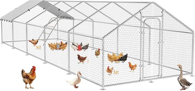 Large Metal Chicken Coop with Roosting Perch, Waterproof and UV Protection Cover, Chicken Run Outdoor Walk-in Cage Chicken Rabbit Duck Hen House, Spire Roof (10'W x 32.8'L x 6.4'H)