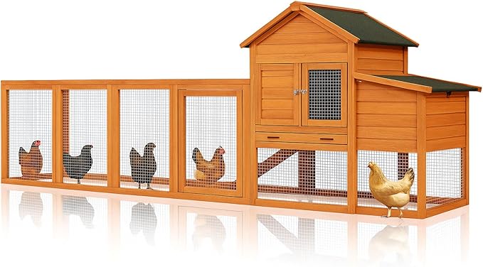 122" Large Chicken Coop Wooden Backyard Hen House - Indoor Outdoor Poultry Pet Hutch Garden Backyard Cage 2 Story Poultry Cage with Run, Chicken Nesting Box, Pull Out Trays and Anti-Slip Asphalt Ramp