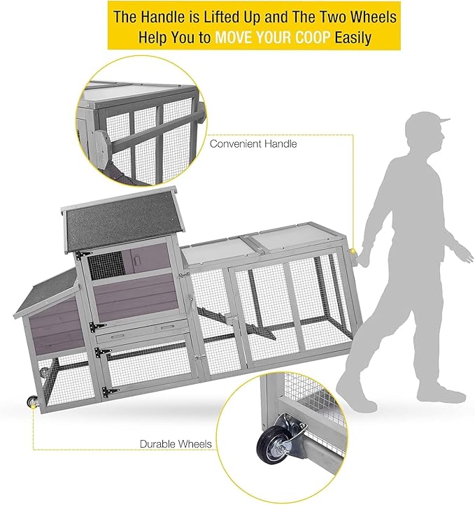 Aivituvin Expandable Mobile Chicken Coop with Wheels for 4–6 Chickens, Reinforced Nesting Box, Full-Cover UV Roof, Weatherproof Outdoor Hen & Duck House with Metal Tray, 77" L x 33.3" W x 46.5" H