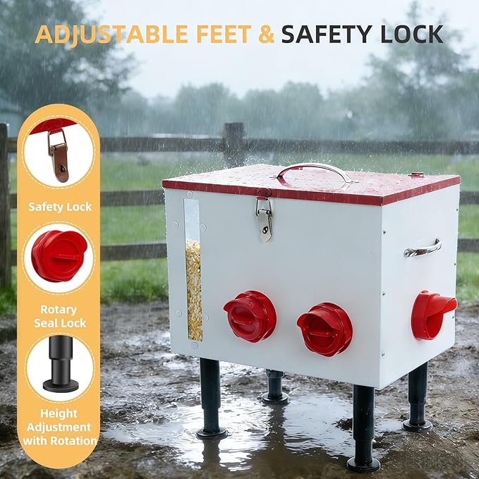 60LB Large Automatic Chicken Feeder with Viewing Window, 7 Feeding Ports,Made from Rust-Proof Metal with Adjustable Height Legs and Safety Latch Suitable for Chickens, Ducks