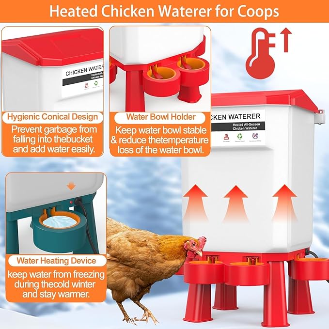 Hanging Heated Chicken Waterer, 2 Gallon Plastic Chicken Water Heater Heated Poultry Drinker, Detachable Legs, Winter and Summer Dual-use, Poultry Water Heater for Chicken Goose Duck - Red