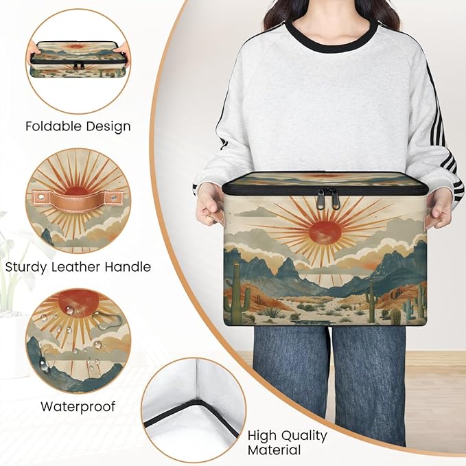 Cactus Storage Bins with Lids, Desert Sunset Fabric Storage Boxes with Zipper, Collapsible Decorative Closet Organizer Cube for Clothes, Organizing, Shelves