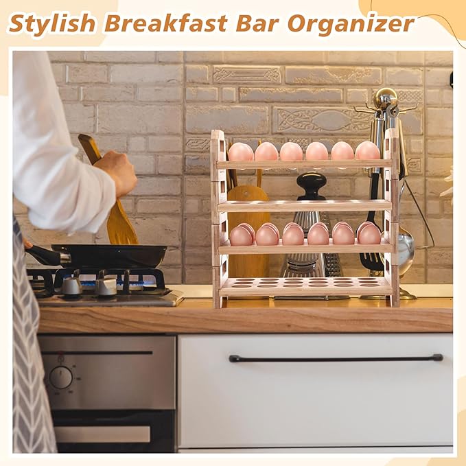 4 Tier Wooden Egg Holder for Countertop, Bamboo Stackable Fresh Eggs Storage Farmhouse Collecting Rack for Gathering Kitchen Organizer or Easter Egg Display, Stackable with 72 Eggs(Wood)