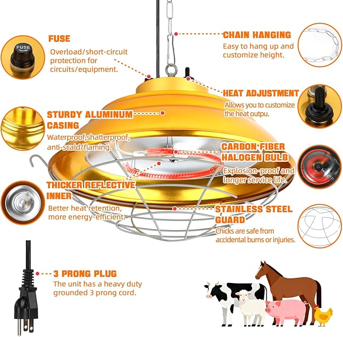 FHTONGE Waterproof Explosionproof Chicken Coop Heater Lamp, 300W/600W Adjustable Hanging Aluminum Livestock Heat Lamp, Halogen Heated Light for Reptile Poultry Brooder Outdoor Rabbit Dog Whelping Box