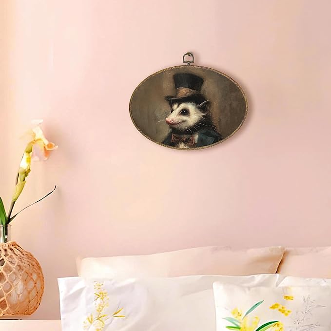 Hxlac Vintage Opossum Oval Wall Art Framed, Dark Moody Opossum Oval Wall Decor, Rustic Farm Animal Hanging Canvas Prints Wall Sculptures for Home Living Room Bedroom Decor, 11.5x8.5 Inch