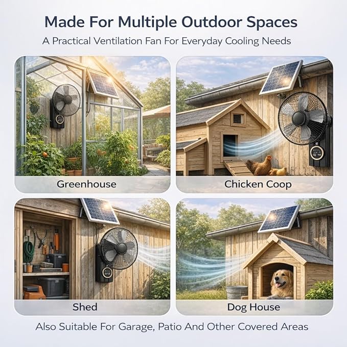16" Wall Mounted Fan Waterproof, Solar Fans for Outside With Remote Control, Battery Powered Solar Greenhouse Fan, Heavy Duty Outdoor Fans for Patios 3 Speeds, 90° Tilt