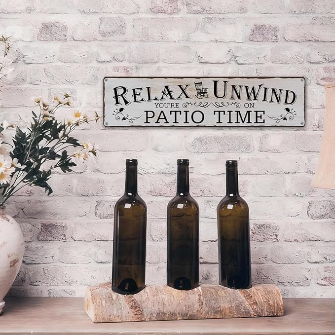 Rustic Farmhouse Metal Wall Art Sign, “Relax Unwind You’re on Patio Time” Vintage Tin for Porch, Deck, Garden or Sunroom, Outdoor/Indoor Patio Decor, 15.8 x 4 Inch