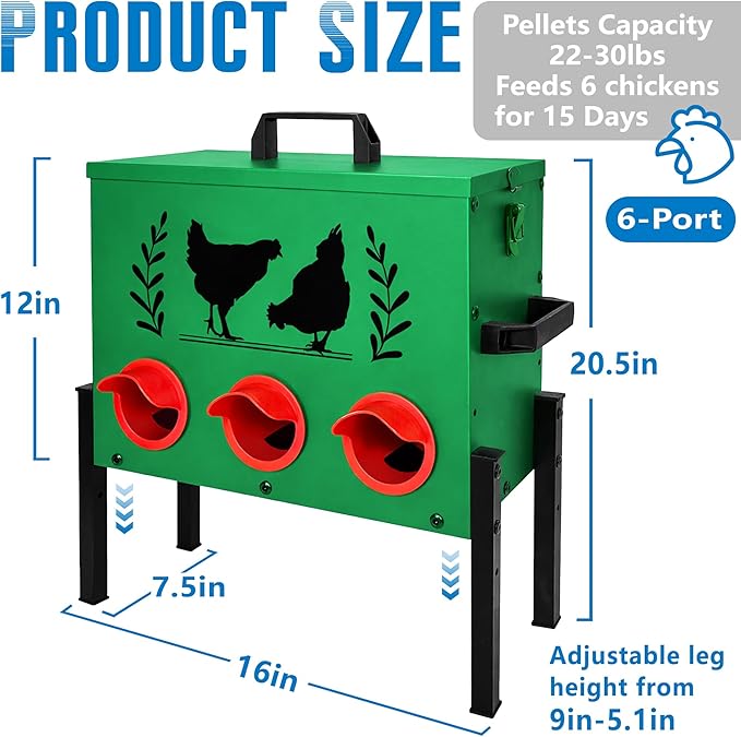 Chicken Feeders, 30 lb Capacity 6 Port Automatic Chicken Feeder, Metal Chick Feeders with Locking Lid and Legs, Chicken Feeder for Chickens, Ducks, Geese, Green
