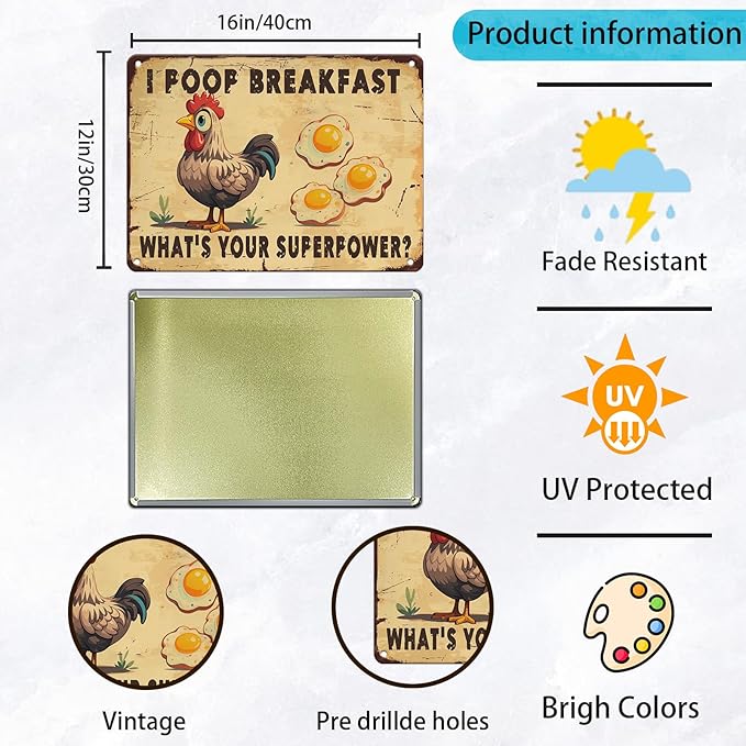 Farm Sign Chickens Pooping Breakfast Tin Sign Plaque Metal Poster 12x16 Inch Wall Decor