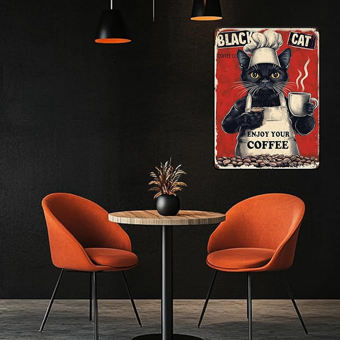 Metal Signs Black Cat Coffee Company Enjoy Your Coffee Sign Funny Vintage Tin Sign Sign Retro Wall Decor For Home Kitchen Office Farmhouse Yard Garden Shop Cafe Poster 12x16 Inch