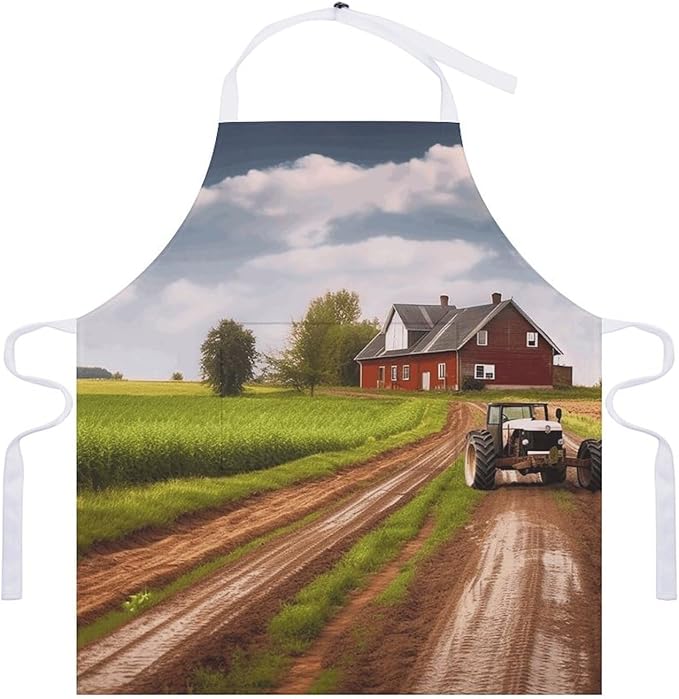 Country Road with Farm And Tractor Chef Apron for Men Women with 2 Pockets Water & Oil Resistant Bib Aprons Adjustable Neck Strap & Long Ties Work Apron for Cooking Grilling Serving Crafts Gardening