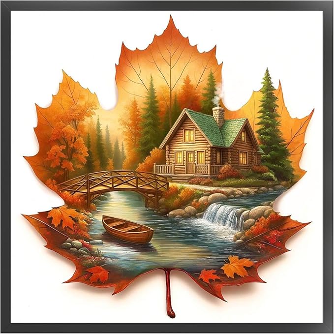 Maple Leaf Cabin Stamped Cross Stitch Kits for Adults Beginners - 45x45cm 11CT Pre-Printed Embroidery Needlepoint Starter Kit, DIY Craft Perfect for Fall Home Wall Decor, Thanksgiving Gift,