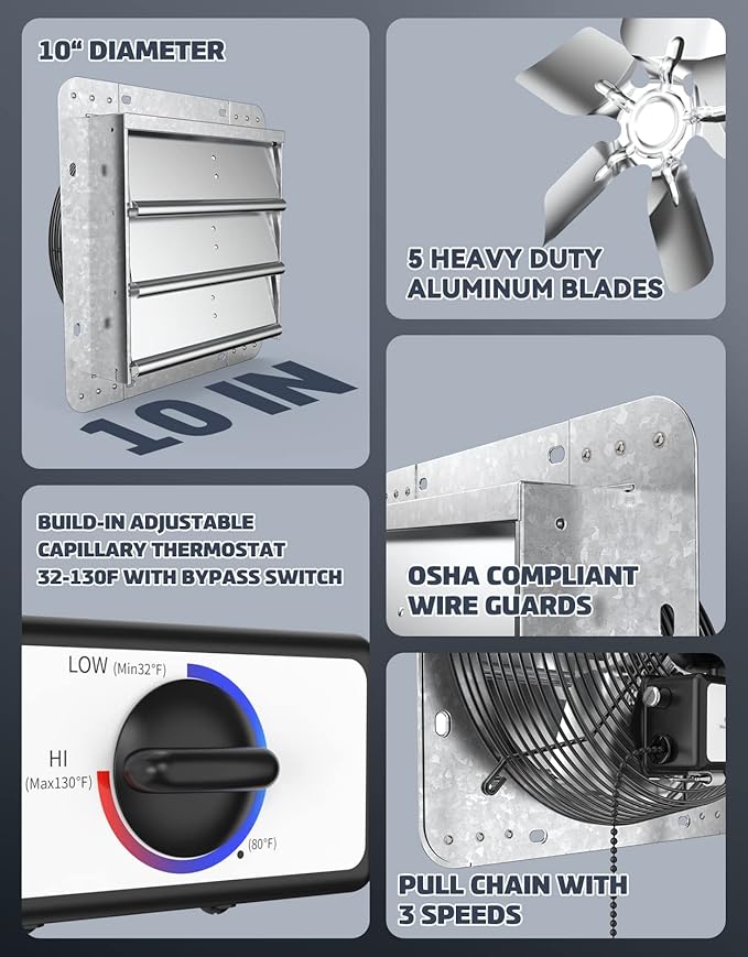 iLiving ILG8SF10V-T, 10 inch Shutter Exhaust Attic Garage Grow, Ventilation Fan with 3 Speed Thermostat 6 Foot Long 3 Plugs Cord, 10" - Variable, 600 CFM, 900 SQF Coverage Area, Silver