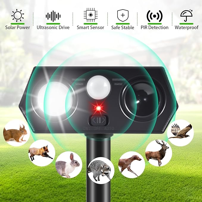 Sonic Racoon Fortress Pro IP65 Solar Ultrasonic Animal Repellent Outdoor Deer Repellent Devices Cat Deterrent Deer Alarms for Gardens with Motion Sensor&Light Rabbit Squirrel Skunk Dog Repeller(4)