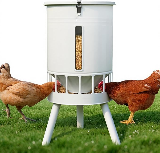 KOL 50LB Metal Chicken Feeder - No Waste, No Clog Design with 16 Ports & Smooth Gravity-Flow, Powder Coated Rust-Proof for Coop Use (Jade White)