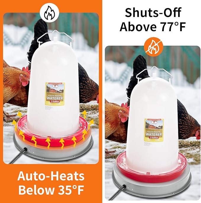 Chicken Water Heater for Winter: 11+14.6 Inch Chicken Water Heater Base, 77℉ Automatic Shut-Off, Safe for Outdoor Use, 125W Heated Chicken Waterer, Poultry Water Deicer with 6 Feet Cord