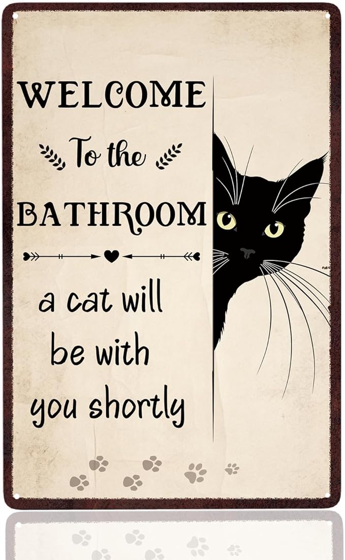 Bathroom Wall Decor, Gifts for Cat Lovers, Welcome to the Bathroom Art Sign, Funny Metal Cat Signs for Bathrooms Restrooms Toilet Powder Room 8 X12 Inch