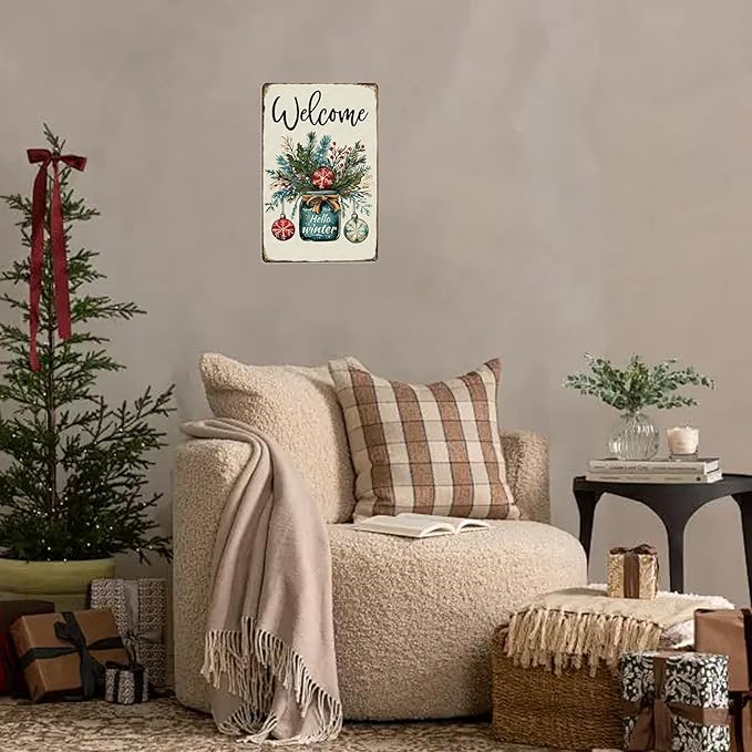 Welcome Hello Winter Tin Sign Funny Metal Sign Aluminum Sign For Home Office Cafe Garden 12×8 Inch
