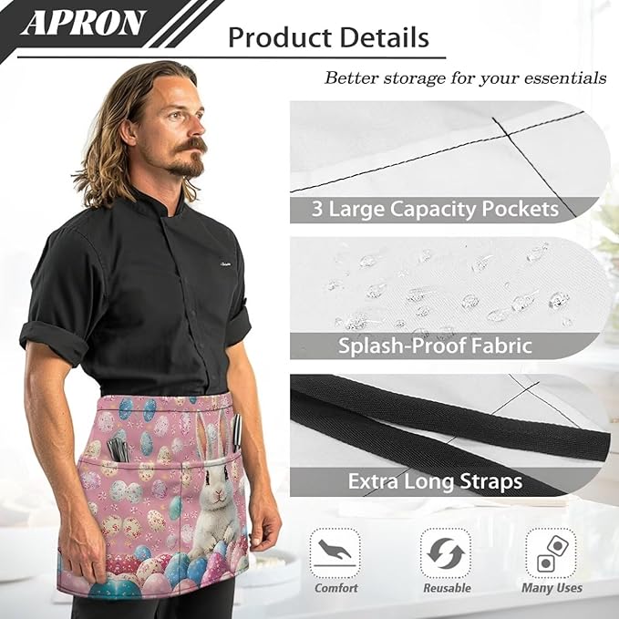 Waist Apron with 3 Pockets Waterproof 13 Inch Short Half Waist Aprons Women Men Server Aprons Waitress Waiter Apron