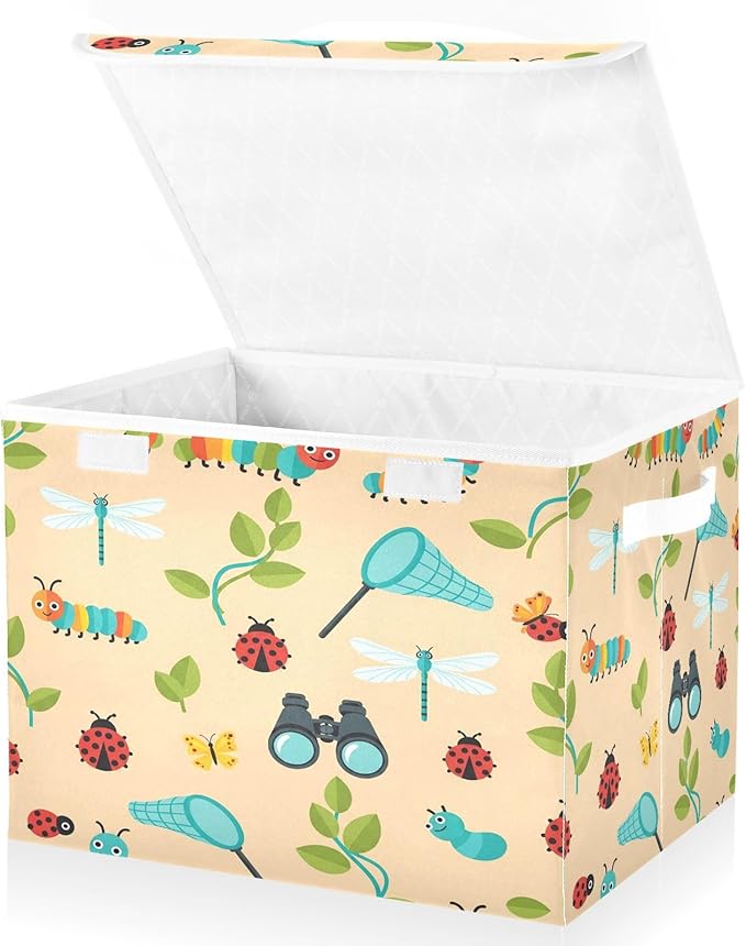 Dragonfly Caterpillar Butterfly Net Storage Bins with LidsBinoculars Leaves Bug Foldable Storage Basket with Handles Collapsible Large Fabric Organizer Containers for Clothes Shelves Closet Off