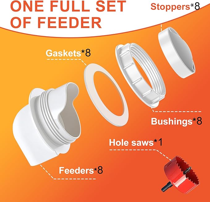Chicken Feeders No Waste, DIY Automatic Poultry Feeder 8 Ports 1 Hole Saw with Covers Gravity Feed Kit for Buckets Barrels Bins Troughs
