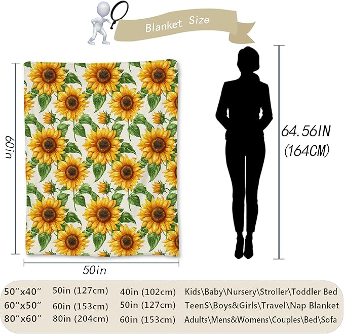 Sunny Sunflower Blanket, Soft Lightweight Flannel Throw Blanket for Couch, Bed, Travel, Living Room & Home Decor, Cozy Warm Fluffy Fuzzy Blankets for Adults Kids Women Girls 50×40 in