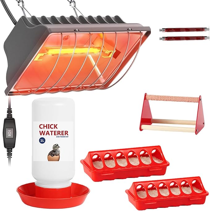 250W Heat Lamp for Chicks, 5 Pcs Chick Starter Kit with Chick Feeder and Waterer Set, Chick Stand Perch, Adjustable Hanging Height for Poultry Supplies Indoor Warmer (Grey)