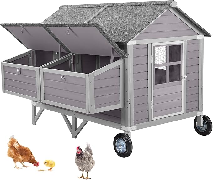 Outdoor Chicken Coops with Large Wheels,Upgrade Large Poultry Cage with Strong Iron Frame,Wooden Hen House for 4-6 Chickens