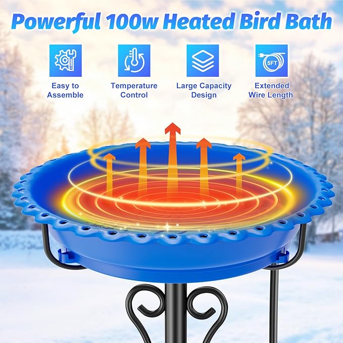 Heated Bird Bath for Outside Winter,100W Thermostat Control Birdbath Bowl with Metal 5-Prong Base,Freestanding Heated Bird Baths for Outdoors Garden Patio Yard Lawn (Blue)