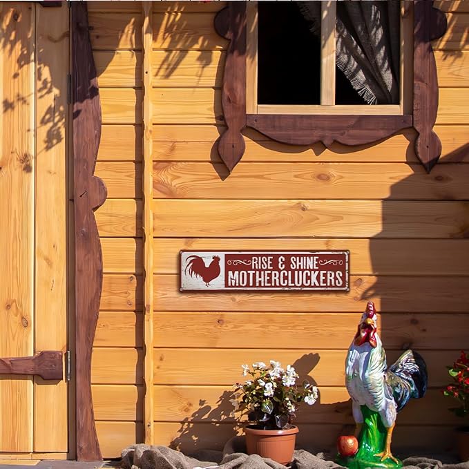 Rooster Decor, Rise & Shine Mothercluckers Sign 15.8x4 inches, Funny Chicken Sign, Retro Metal Tin Signs, Farmhouse Home Garden Decor, Chicken Lover Decoration Gift