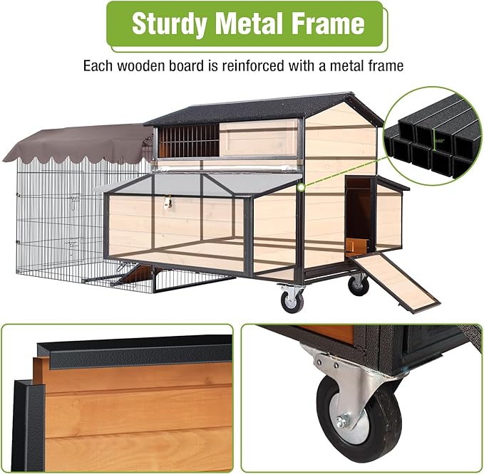 GUTINNEEN Mobile Chicken Coop with All-Around Metal Frame, 76.7" Large Chicken Coops with Super Large Wheels, Outdoor Poultry Cage Hen House with Metal Run for 6-8 Chickens