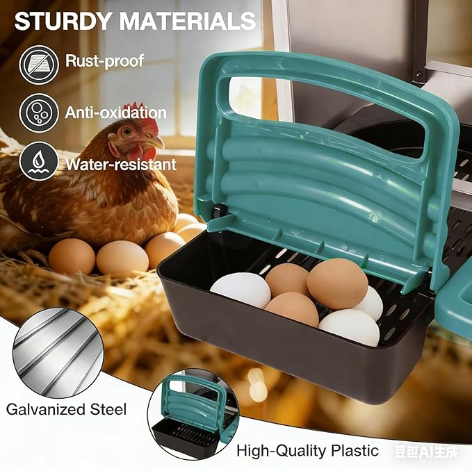 Chicken Nesting Boxes, 3 Compartments Egg Collection with Removable Drawer, Chicken Metal Laying Nest Box for Hens, Easy to Assemble, for Chicken Coop, Green