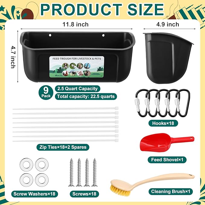9 Pack Chicken Duck Feeder Waterer Hanging Goat Feeder Trough 2.5 Quart Livestock Feeding Trough with Scoop & Brush for Pig, Poultry, Fence Feeding, 22.5 Quart Total (Green,Black)