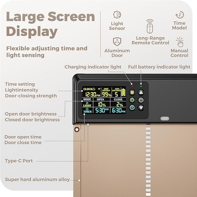 Automatic Chicken Coop Door Solar Powered with Remote Control, Timer and Light Sensor, 5 Modes, Color LCD Display, Aluminum Chicken Door with Adjustable Anti-Pinch