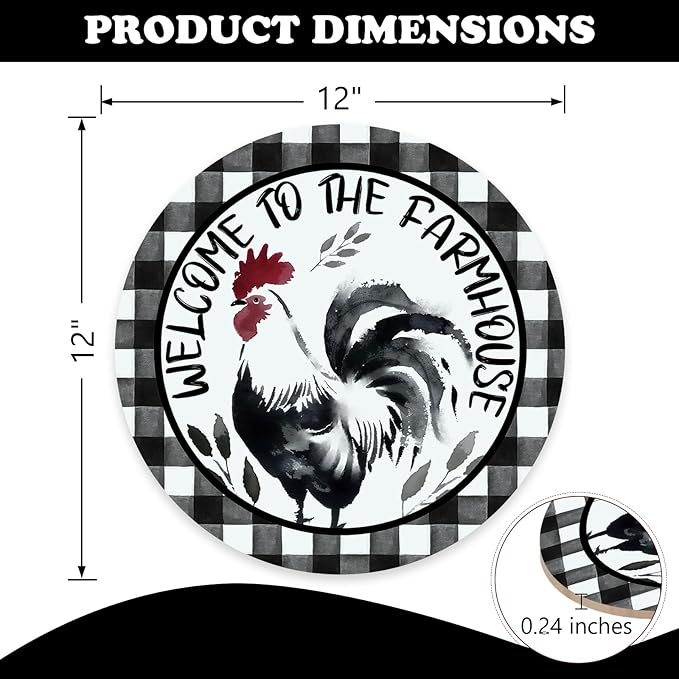 Welcome to The Farmhouse Rooster Front Door Sign, Watercolor Farm Chicken Buffalo Plaid Wood Hanger Outdoor Porch Home Decor, Rustic Country Wooden Wreath Indoor Wall Hanging Decoration