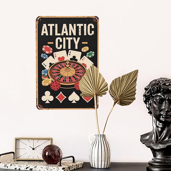 Novelty saying wall decor featuring Atlantic City Metal Tin Sign Game Room Bar Decor Perfect For Hanging In Casino Basement Rustic Vintage Finish Gift For 8x12 inch metal sign for living room wall