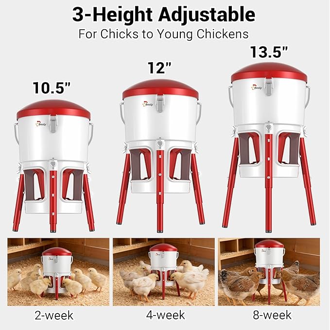 Chick Feeder with Adjustable Height,No Spill,Metal Poultry Feeder for Chicks 0-8 Weeks,30oz/2L Capacity,Tripod Stable Ground Feeder,3 Anti-Bully Ports,Easy Clean,Tool-Free Assembly